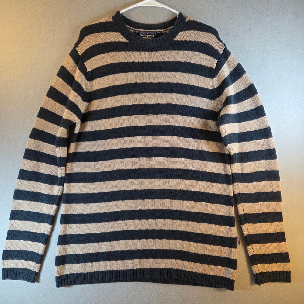 Patagonia Mens Lambswool‎ Blend Striped Crew Neck Sweater Navy Tan Med Gorpcore - Picture 2 of 8
